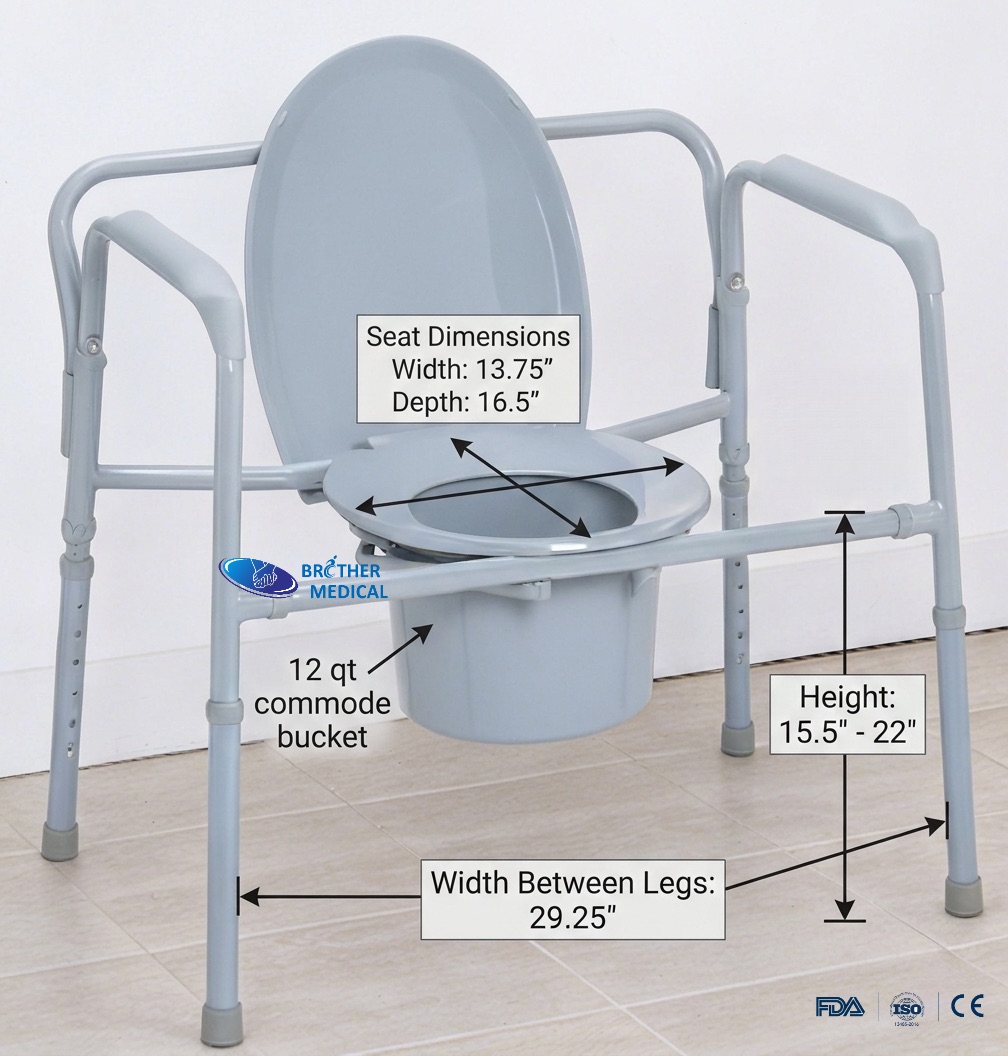 Technical dimension chart for bariatric folding commode: 24-inch extra-wide seat width and adjustable height specifications in inches. Technical dimension chart for bariatric folding commode: 24-inch extra-wide seat width and adjustable height specifications in inches.