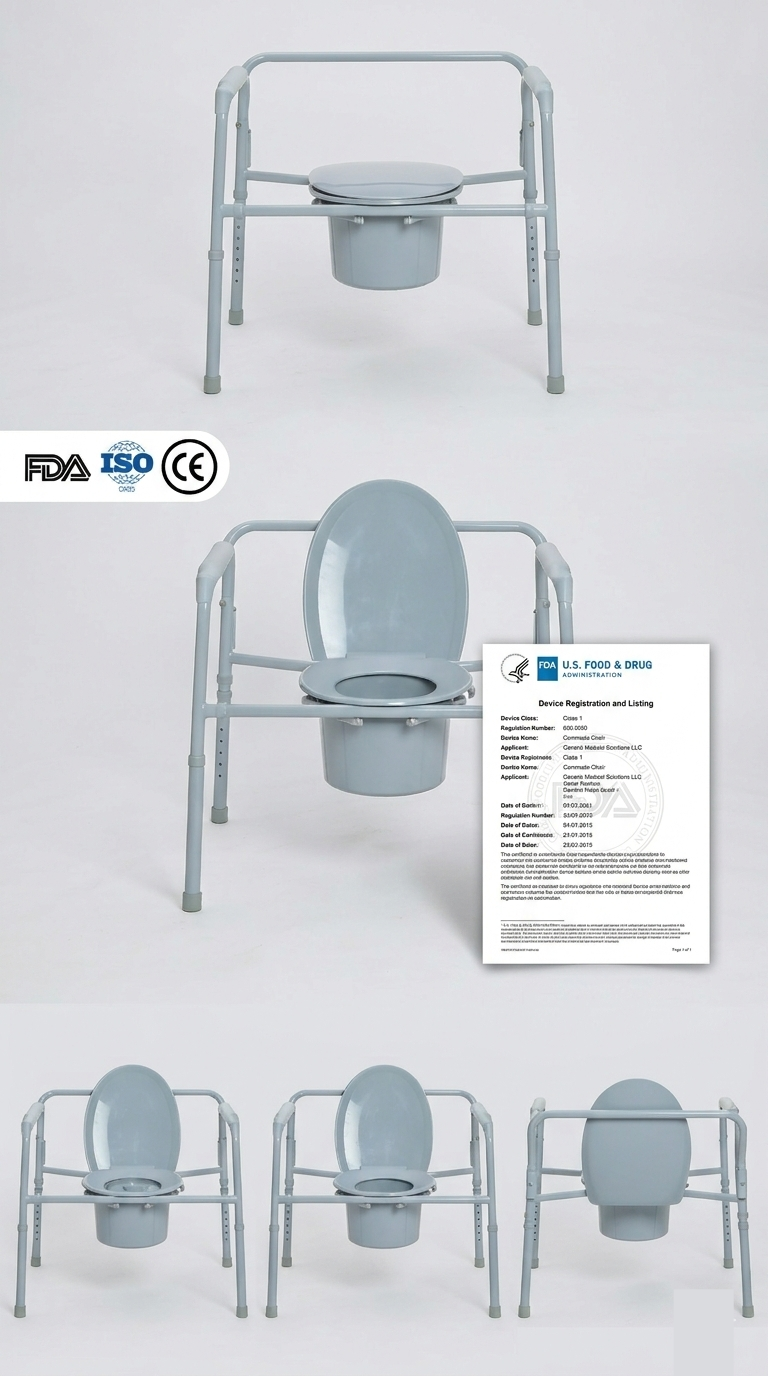 FDA registered bariatric folding commode with durable steel frame, supporting up to 650 lbs. Certified for US medical equipment (DME) markets, compliant with HCPCS code E0168. FDA registered bariatric folding commode with durable steel frame, supporting up to 650 lbs. Certified for US medical equipment (DME) markets, compliant with HCPCS code E0168.