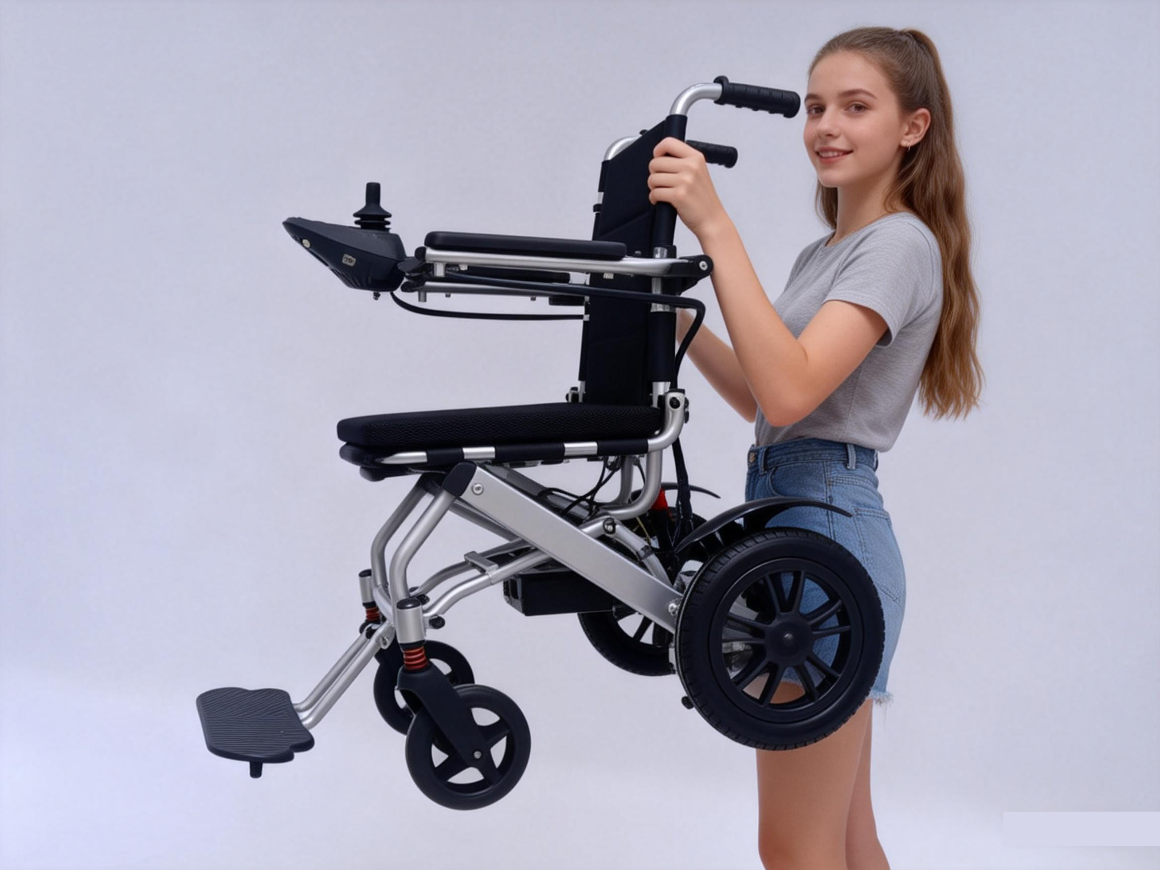 Young woman easily lifting ultra lightweight electric wheelchair 17kg aluminum design