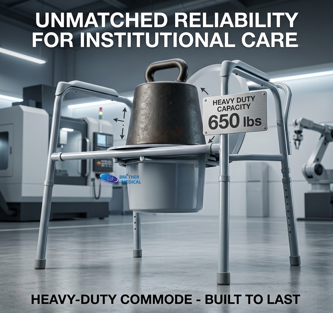 Heavy-duty bariatric bedside commode with 650 lbs weight capacity verified by industrial lead weights; stable reinforced steel frame for obesity care. Heavy-duty bariatric bedside commode with 650 lbs weight capacity verified by industrial lead weights; stable reinforced steel frame for obesity care.