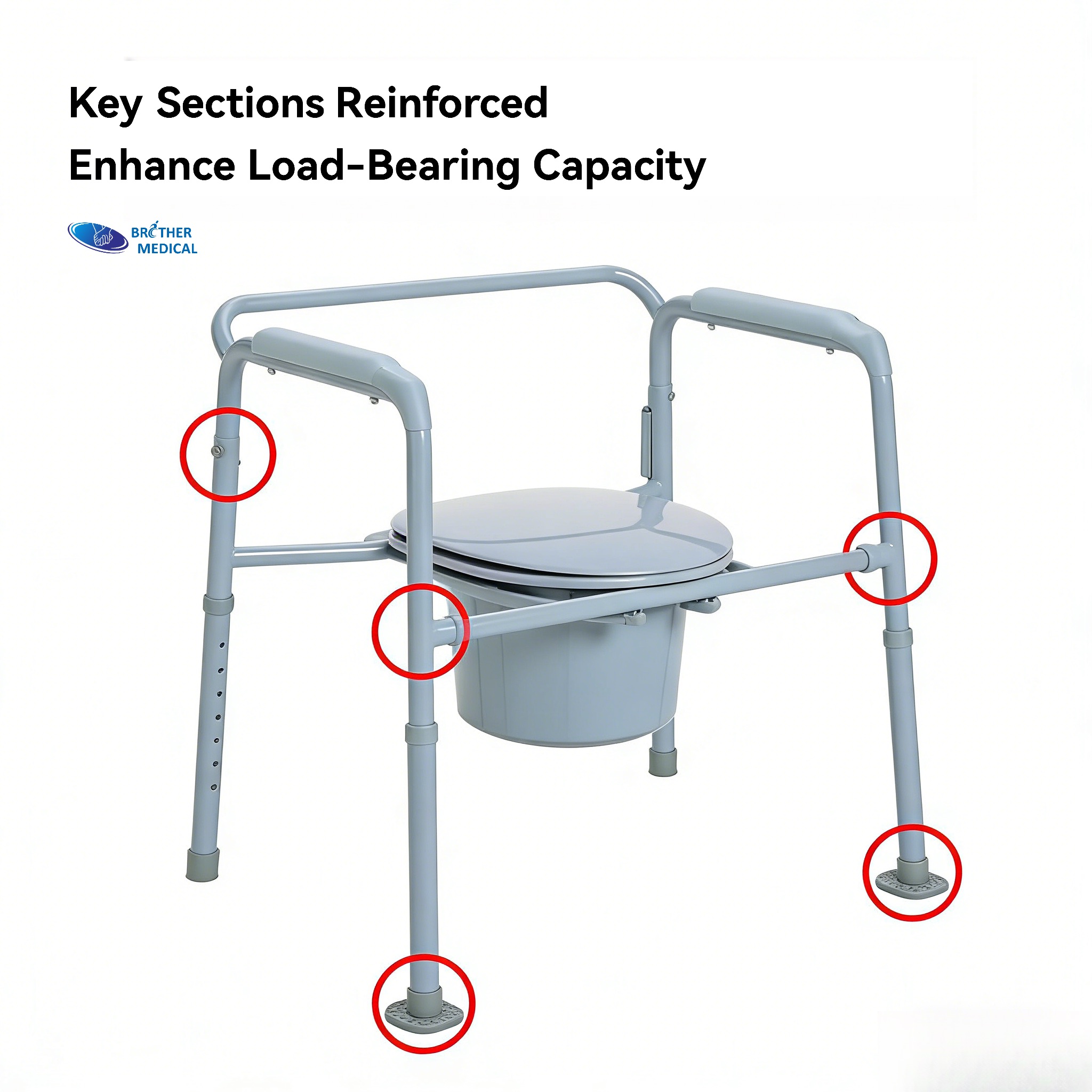 Close-up of precision welding on Brother Medical professional-grade bariatric folding commode chair.Key Sections Reinforced Enhance Load-Bearing Capacity Close-up of precision welding on Brother Medical professional-grade bariatric folding commode chair.Key Sections Reinforced Enhance Load-Bearing Capacity