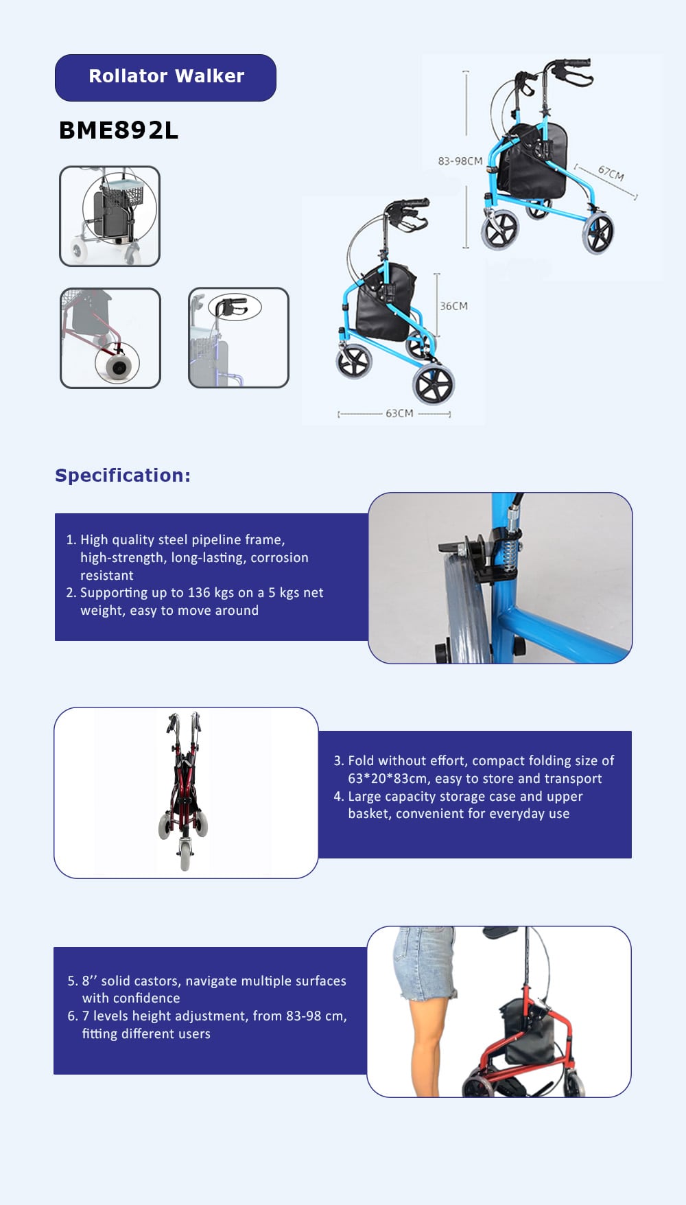 BME892L 3 Wheel Rollator Walker