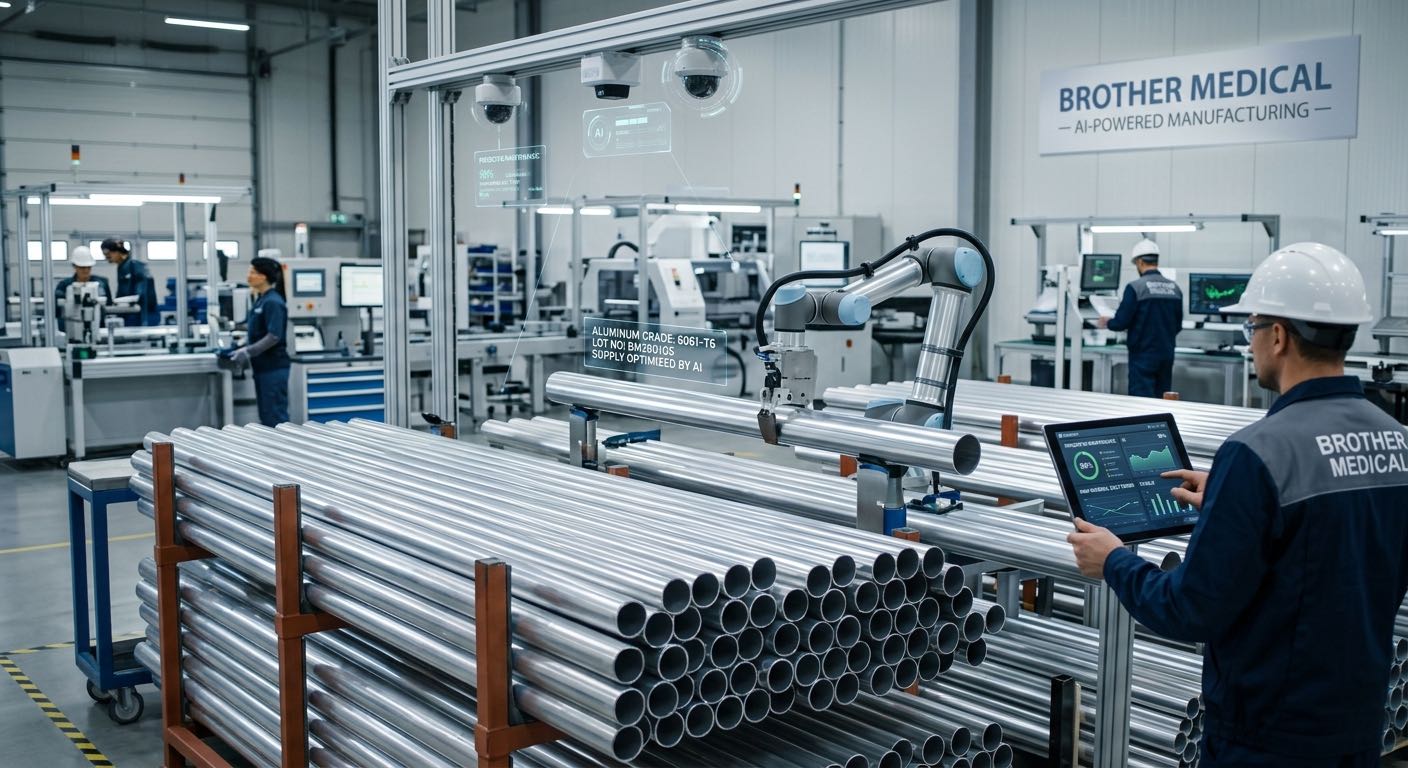 A Brother Medical worker utilizes an AI-powered ergonomic assistant and collaborative robot during the assembly of a rehabilitation product, ensuring quality and welfare.