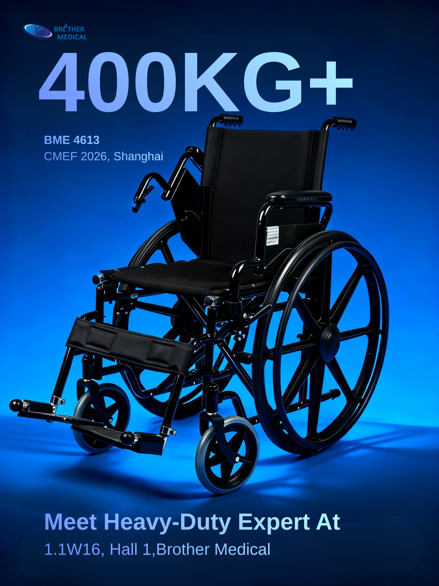 Reinforced 300kg capacity frame detail of bariatric wheelchair for CMEF 2026.