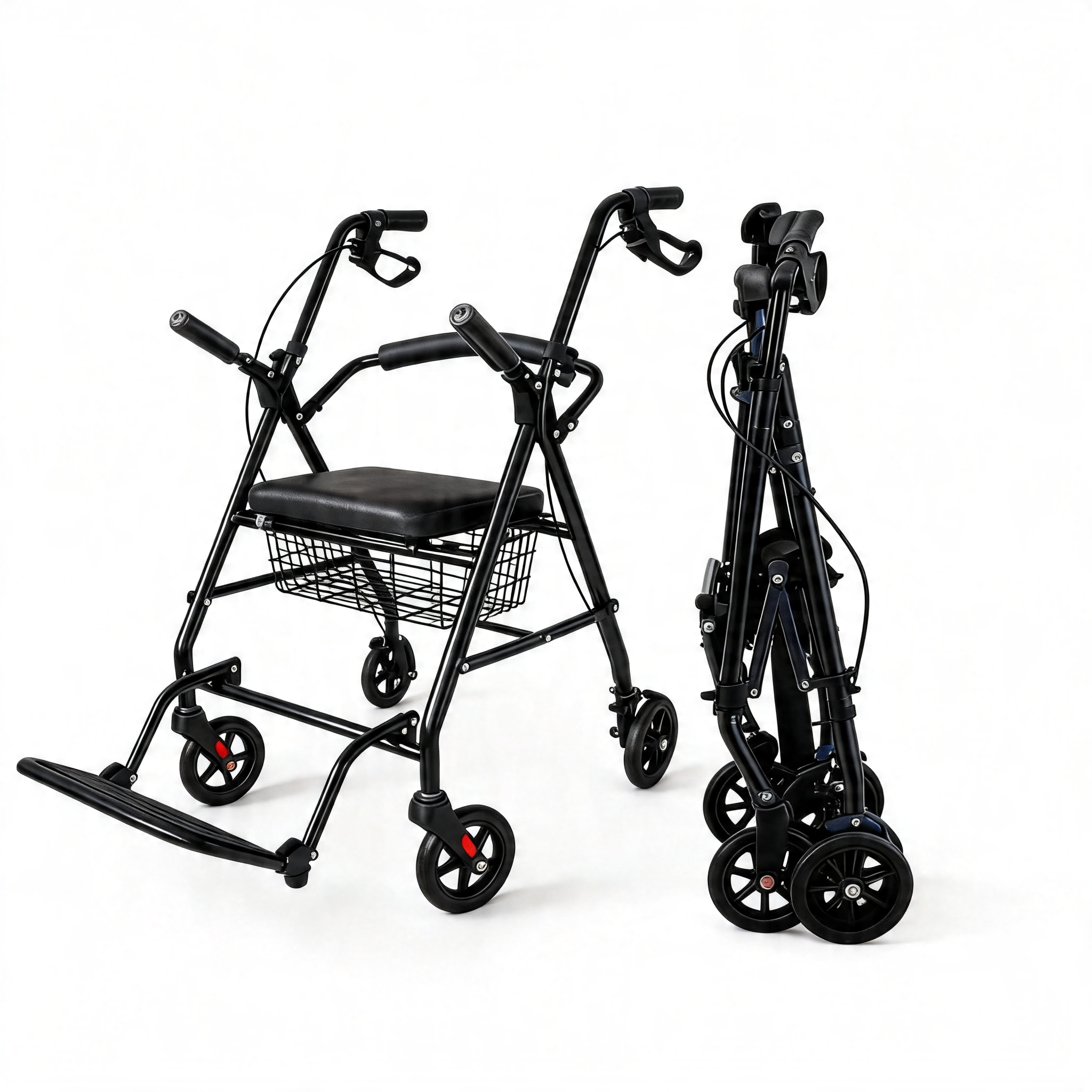 BME885 2-in-1 Foldable Rollator and Transport Chair with Padded Seat and Foldable Footrest
