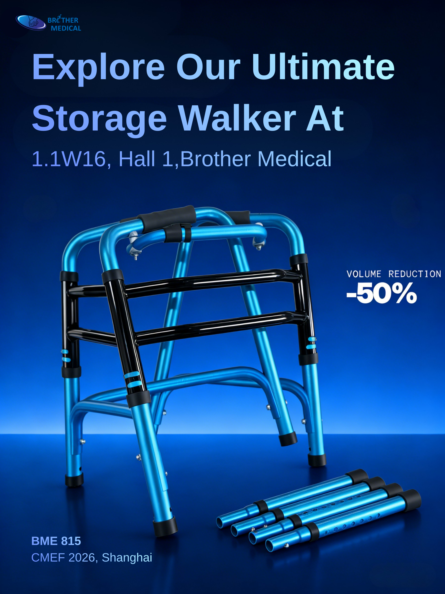 Tool-free knock-down joint of foldable rollator for space-saving shipping.