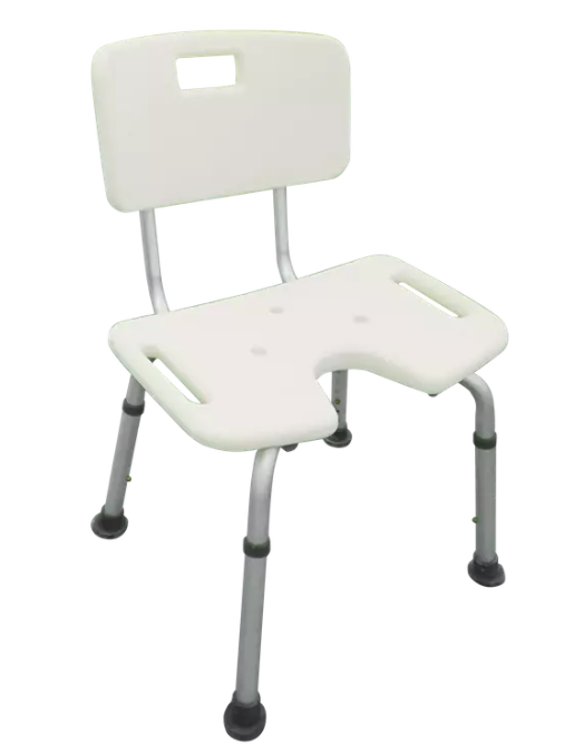 A folding shower chair with a sturdy frame, designed for comfort and safety, featuring adjustable legs and a compact design for easy storage.