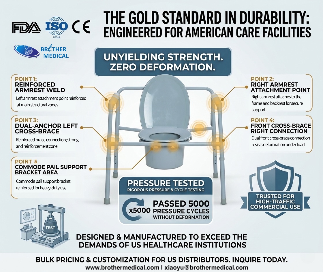 FDA-certified bariatric commode featuring 6 reinforced structural joints and 5,000-cycle stress test validation for zero-deformation durability. FDA-certified bariatric commode featuring 6 reinforced structural joints and 5,000-cycle stress test validation for zero-deformation durability.