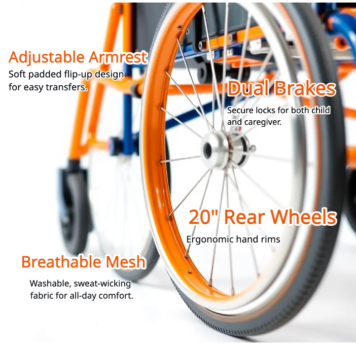 Pediatric Wheelchair Detail: Adjustable Armrest, Safe Brakes, 20" Rear Wheels