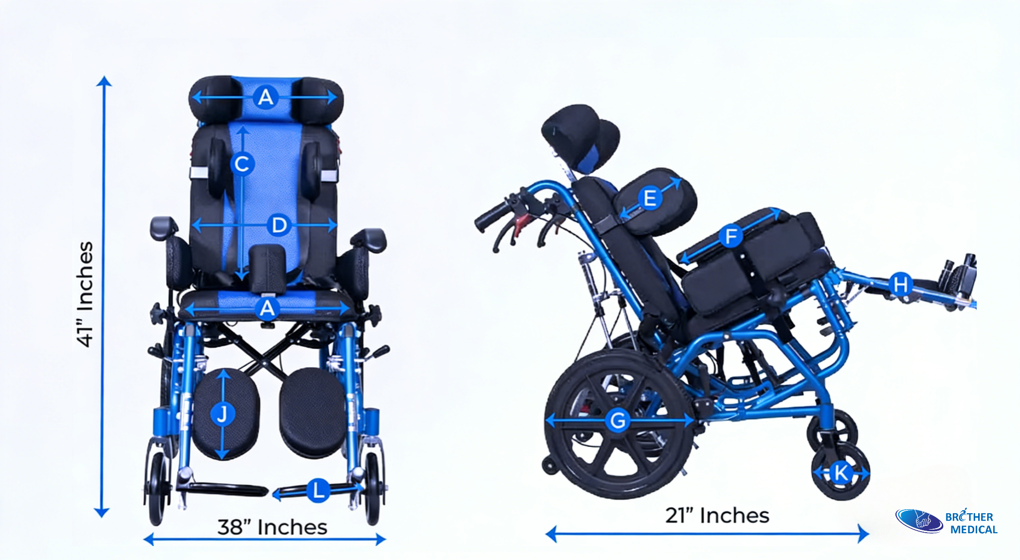 Information on the size of the cerebral palsy wheelchair, BME4620 Blue