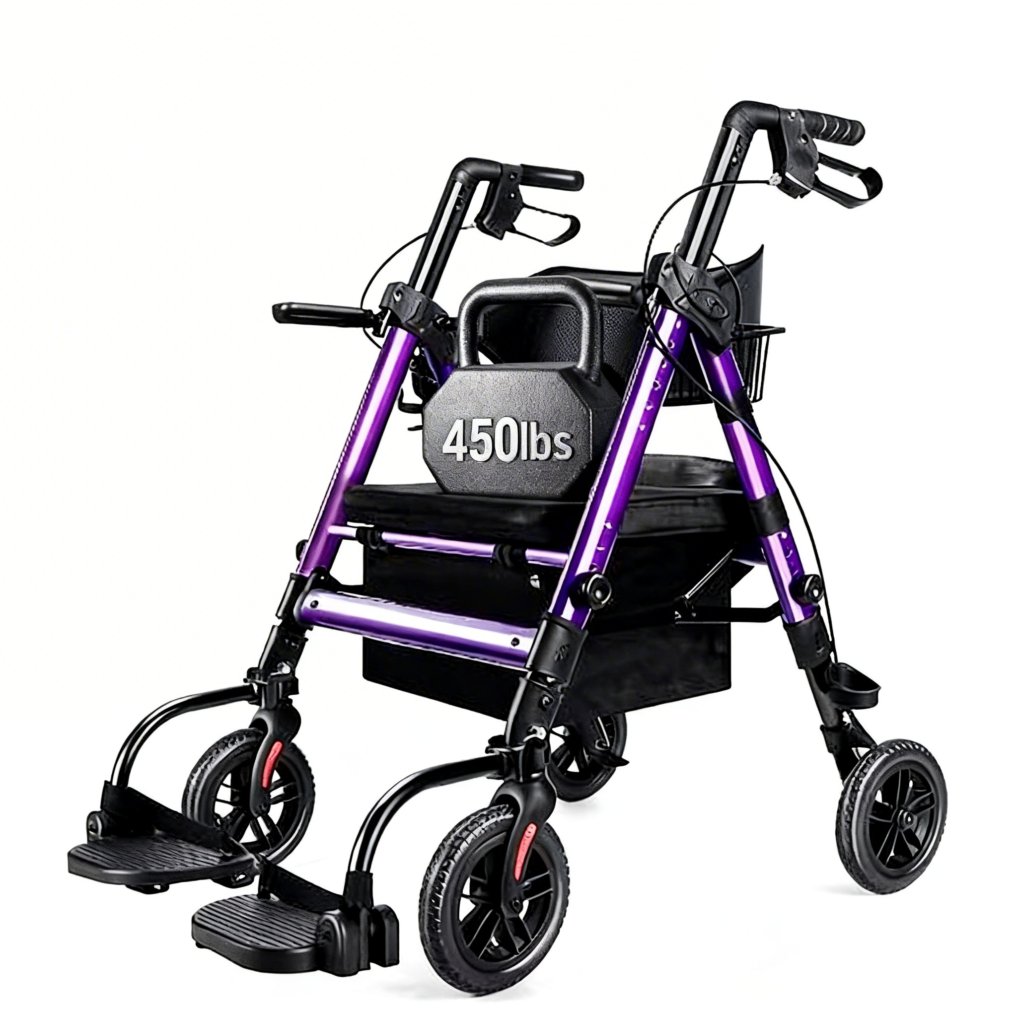 BME888 Heavy Duty 450lbs Capacity Bariatric 2-in-1 Rollator Transport Chair with Wide Padded Seat and Foldable Footrest