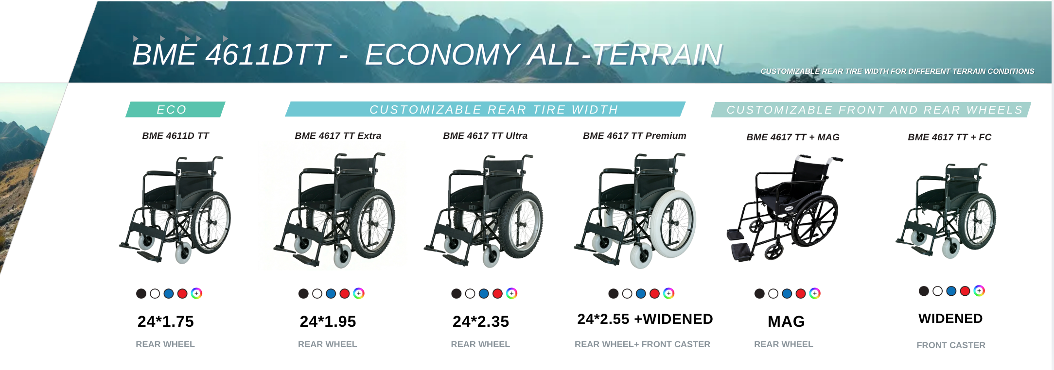 4611D TT Full series of all-terrain wheelchairs featuring customizable tire widths (1.75 to 2.55 inch) and magnesium mag wheels with various front caster options.