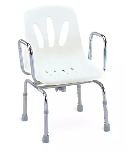 A heavy-duty shower chair with reinforced frame, wide seat, and sturdy armrests, designed for maximum support and safety in the shower.