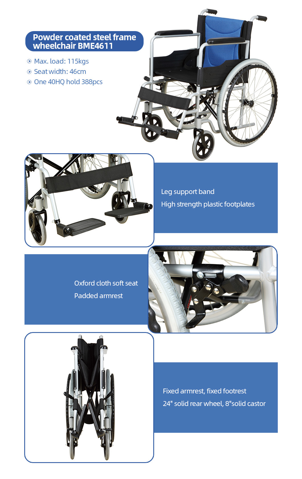 Details of Powder Coated Steel Frame Wheelchair BME4611