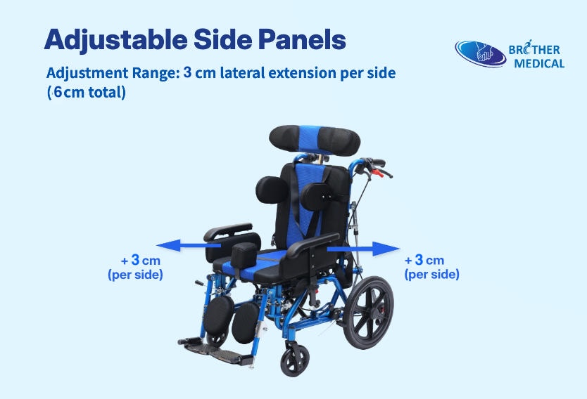 adjustable side panels, Adjustment Range: 3 cm lateral extension per side (6 cm total). Purpose: To accommodate growth and extend the product’s lifecycle.