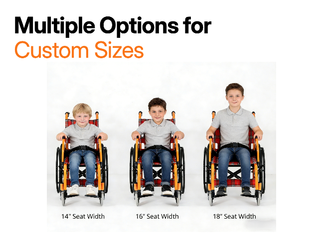 Three sizes of pediatric wheelchairs for kids, teens, and adolescents Pediatric wheelchair with custom sized and custom seat width 
