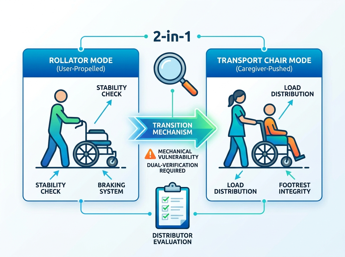 A professional evaluating a rollator transport chair in a clinical setting